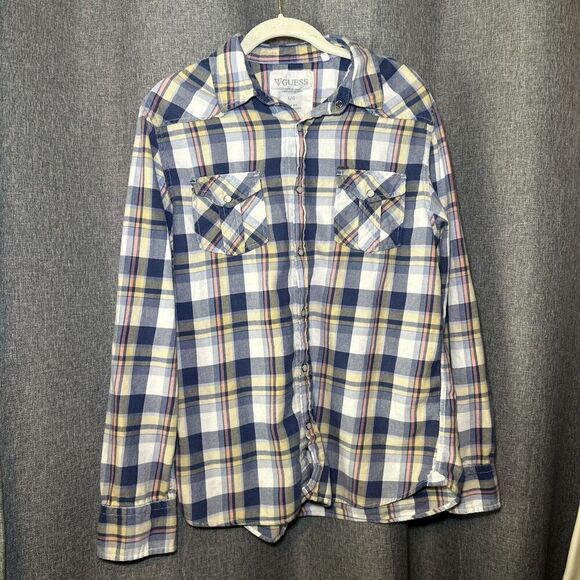 Guess Mens Flannel Button Down Slim Fit Coupe Serree Shirt Western Pearl Snap L - Picture 2 of 9